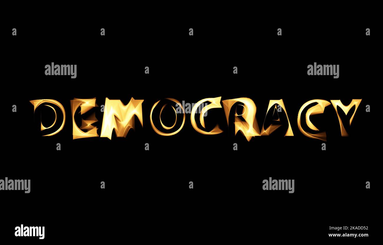 Democracy graphic text with flame fire effect on black background Stock Photo
