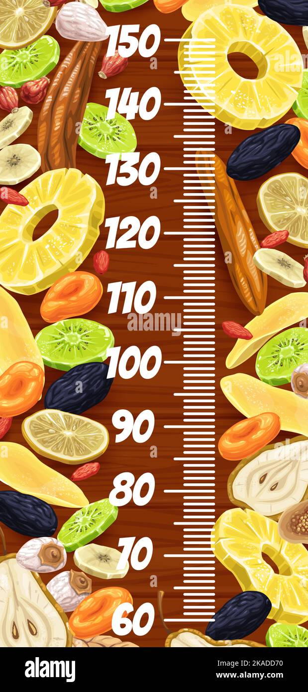 Dried fruits. Kids height chart ruler. Children growth centimeters