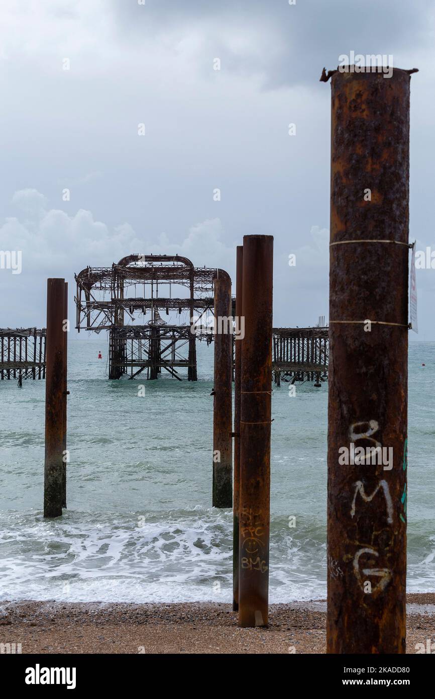 Ruins of West Pier, destroyed by fire in 2003, Brigthon, England, Great Britain Stock Photo