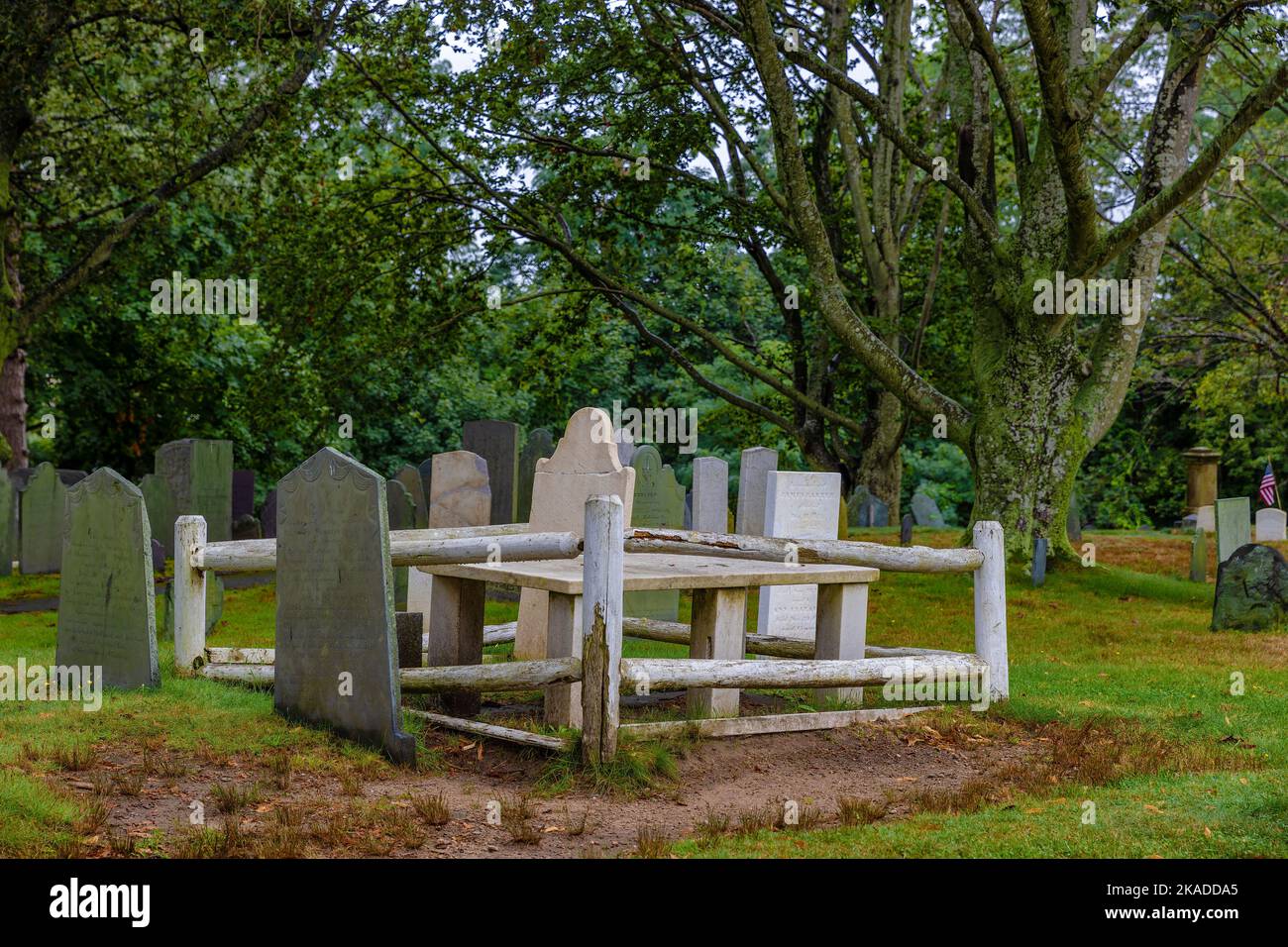 Plymouth, Massachusetts, USA - September 12, 2022:  Sites on Burial Hill  where the Pilgrams built two forts and buried residents there since the 1620 Stock Photo