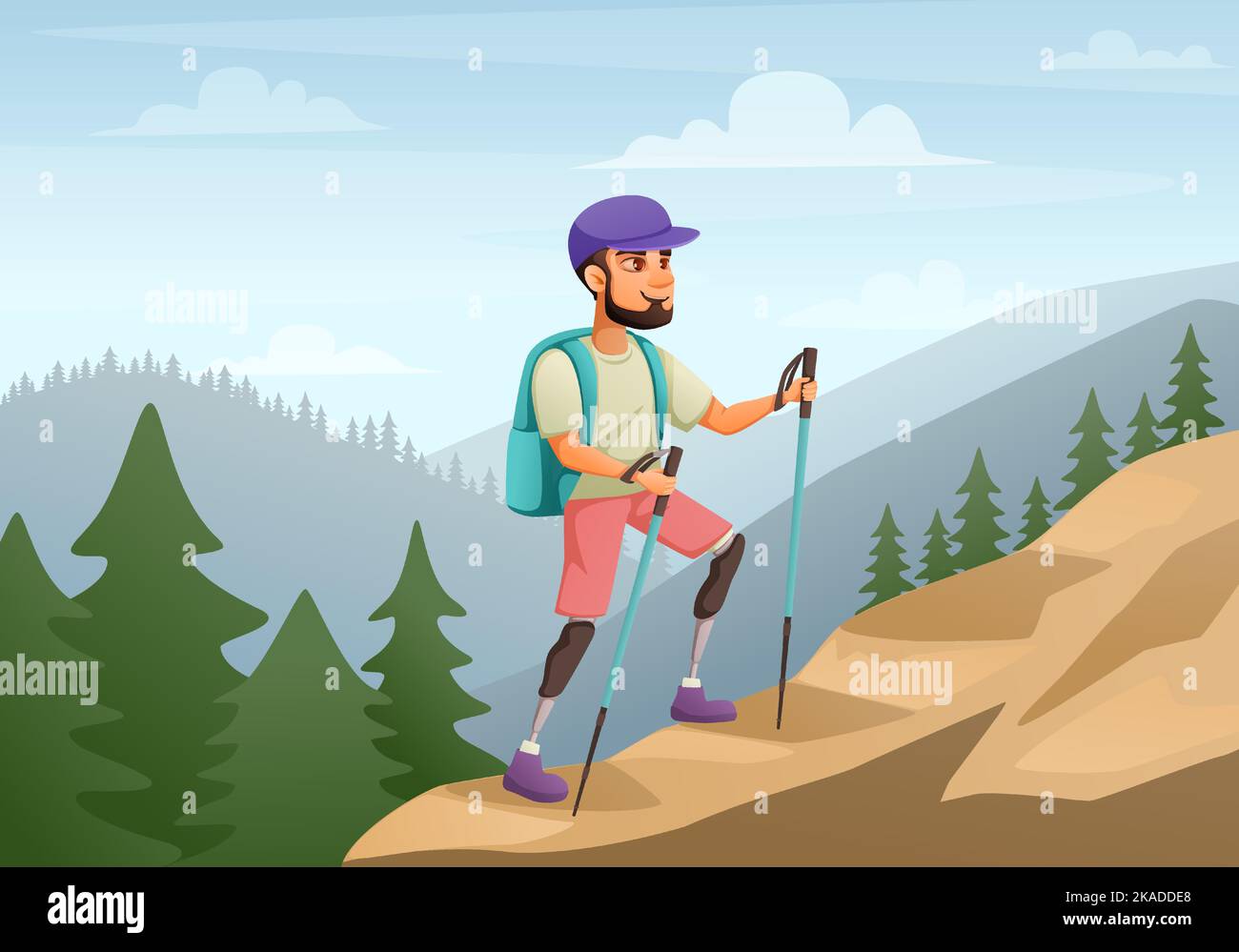 Disabled man with prosthetic legs going hiking in mountains cartoon ...