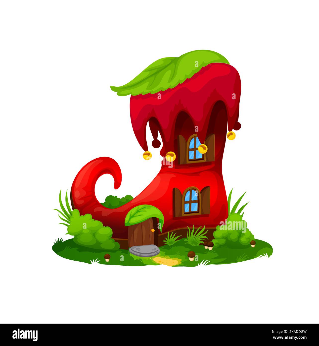 Cartoon red boot house building or dwelling isolated vector fairytale clownish footwear house with long curve