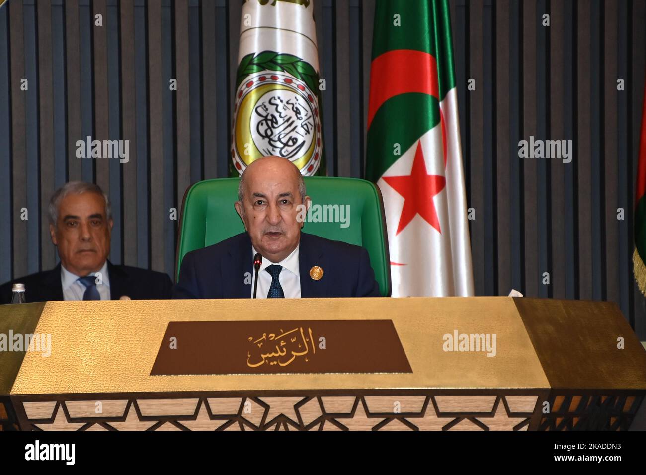 (221102) -- ALGIERS, Nov. 2, 2022 (Xinhua) -- Algerian President Abdelmadjid Tebboune attends the 31st session of the Arab League Summit in Algiers, Algeria, Nov. 1, 2022. The summit kicked off on Tuesday evening in the Algerian capital of Algiers with regional food security and Palestinian issue being on top of agenda. (Algerian Presidency/Handout via Xinhua) Stock Photo