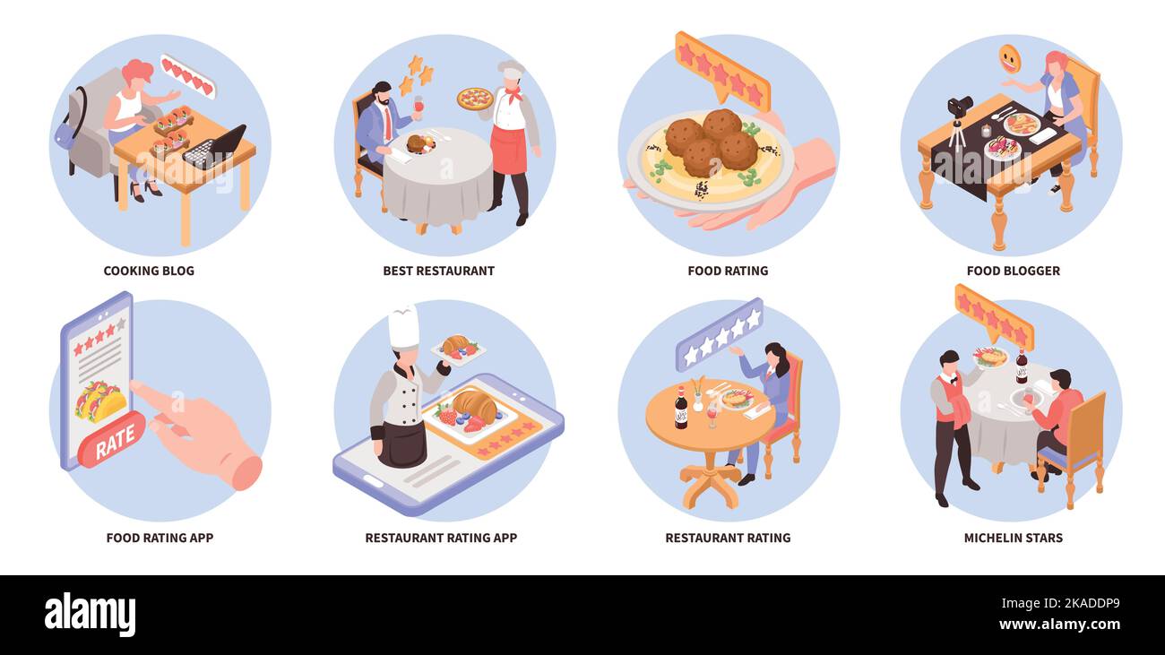 Restaurant rating composition set with food blogger reviews isolated