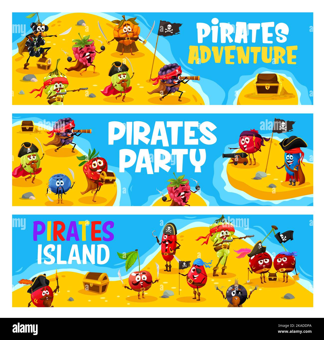Cartoon funny berry pirates and corsairs on treasure island. Horizontal vector banners with blackcurrant, elderberry and raspberry, grape and blackberry, rosehip, honeyberry treasure hunting pirates Stock Vector