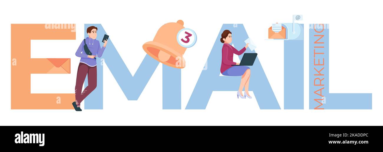 Email marketing flat text with big letters and two people sending