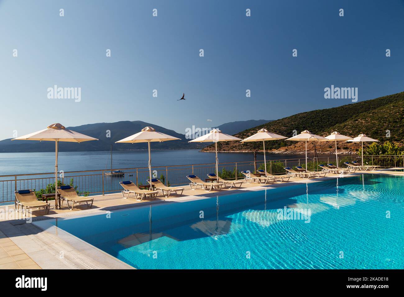 Luxury swimming pool with empty deck chairs and umbrellas at resort