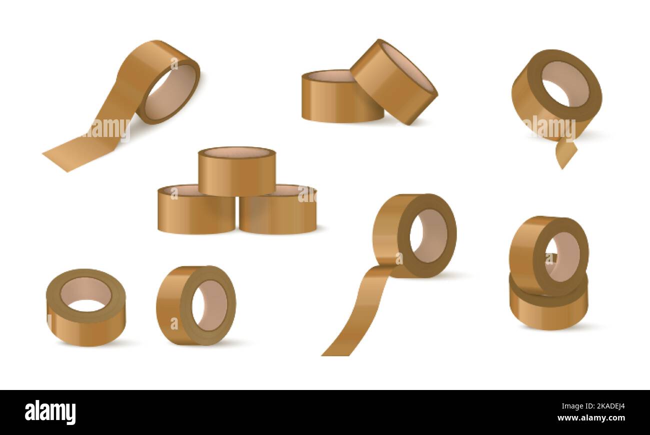 Brown duct tape mockup realistic set with isolated icons of craft