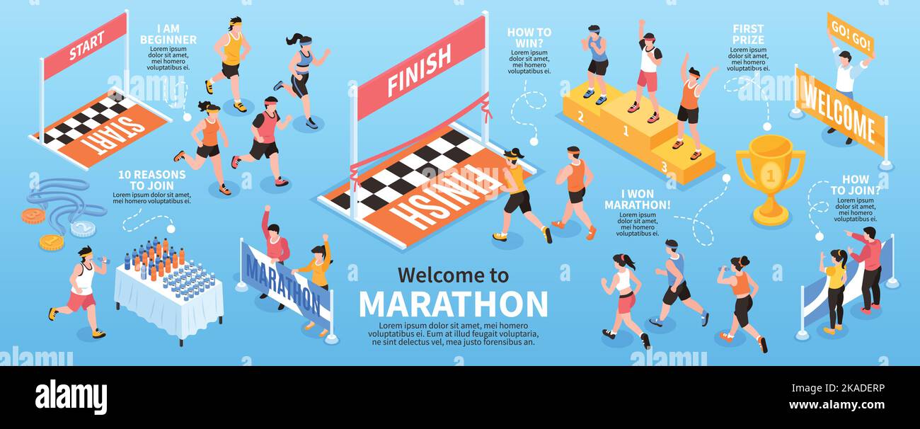 Isometric marathon infographics with people running from start to finish vector illustration Stock Vector