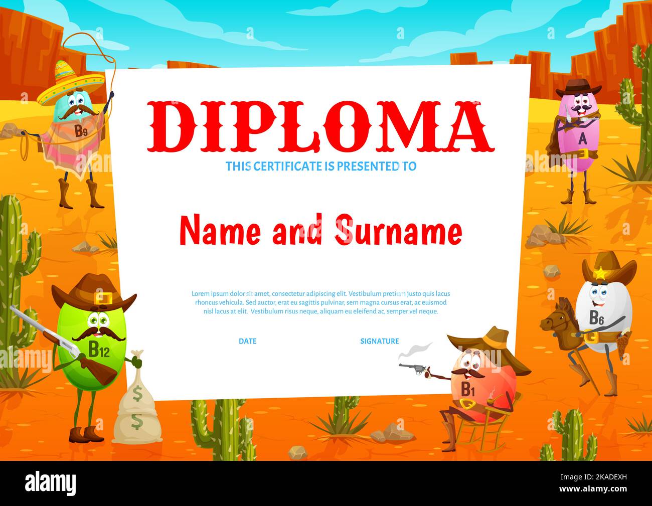 Kids diploma, cartoon western vitamin A and B cowboy, bandit and sheriff characters. Vector Wild West personages on certificate diploma or award of school graduation in Texas desert landscape Stock Vector