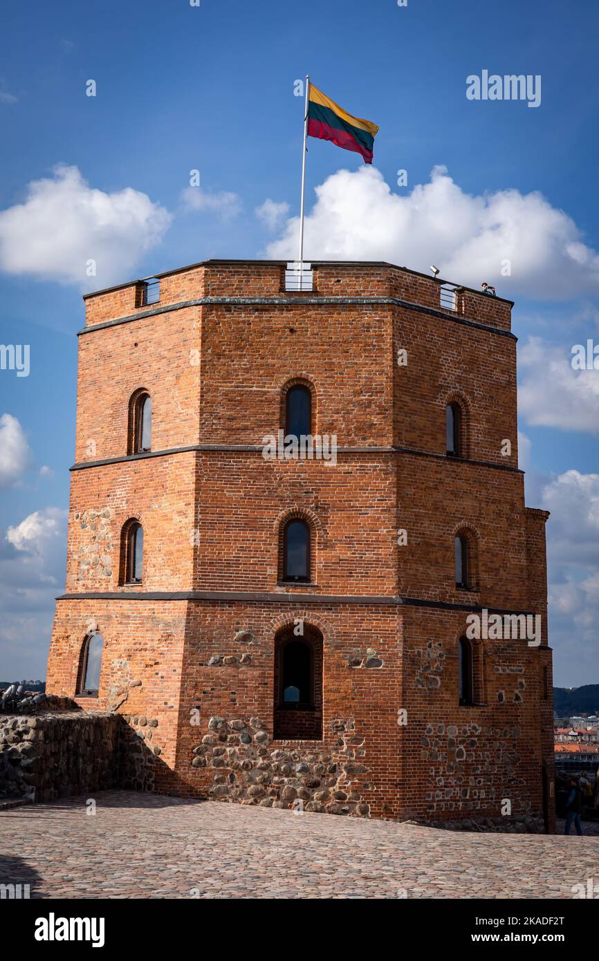 Vilnius, Lithuania - September 26, 2022:  Gediminas tower on the hill. Remaining part of the medieval Upper Castle. Stock Photo