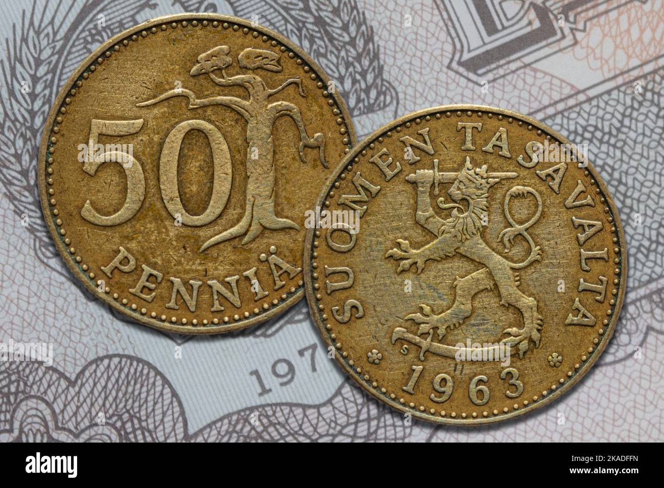 Finish markka coin obverse and reverse, currency of Finland replaced by