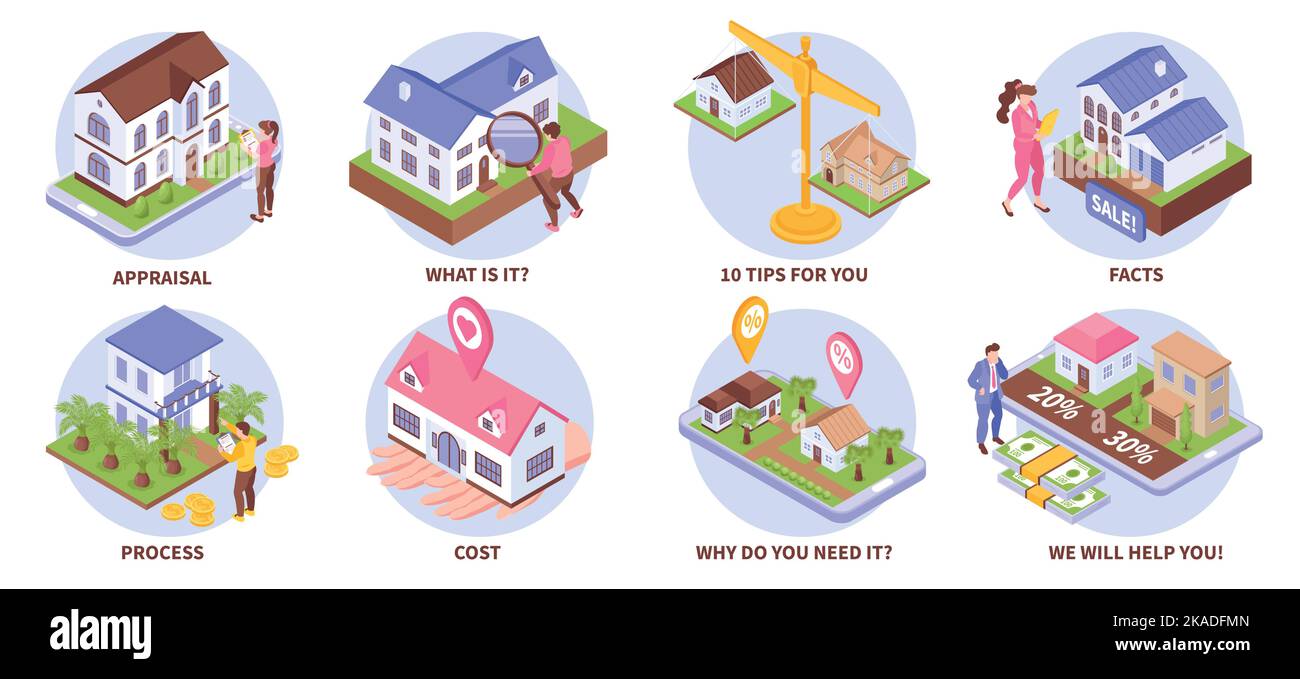 Real estate appraisal isometric composition set with house comparison and apartment cost symbols isolated vector illustration Stock Vector