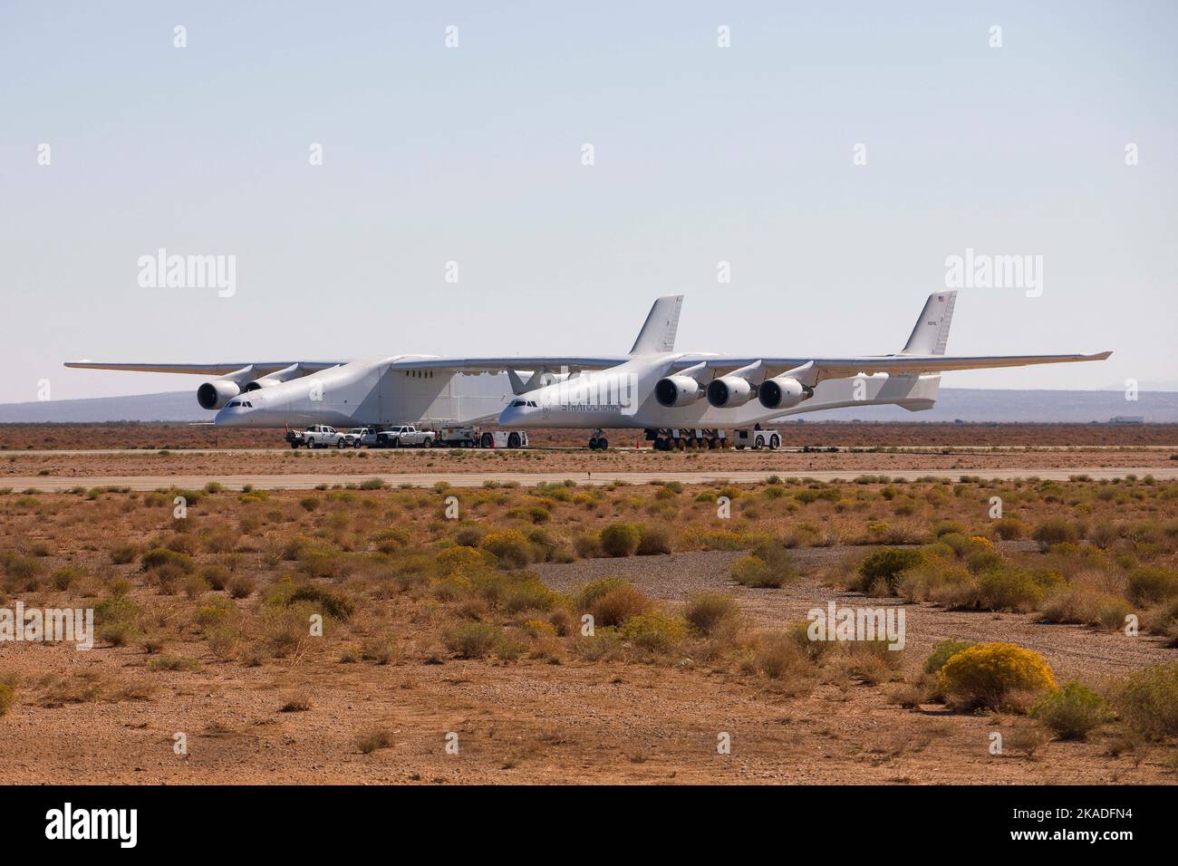 The Scaled Composites Model 351 Stratolaunch or Roc is an aircraft built for Stratolaunch Systems by Scaled Composites to carry air-launch-to-orbit rockets. It was announced in December 2011. The aircraft features a twin-fuselage design and the longest wingspan ever flown. It can carry under the beam connecting the two fuselages a rocket with a maximum mass of 227 tons. Los Angeles, Ca, USA on October 17, 2022. Photo by Thomas Arnoux/ABACAPRESS.COM Stock Photo