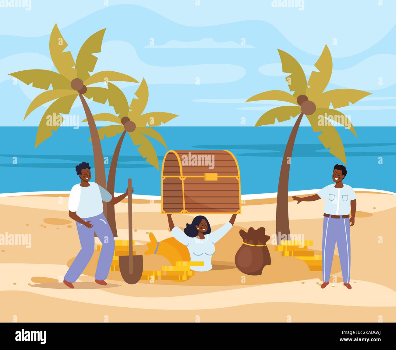 Three happy treasure hunters with shovel who found chest with gold on sandy beach flat vector illustration Stock Vector