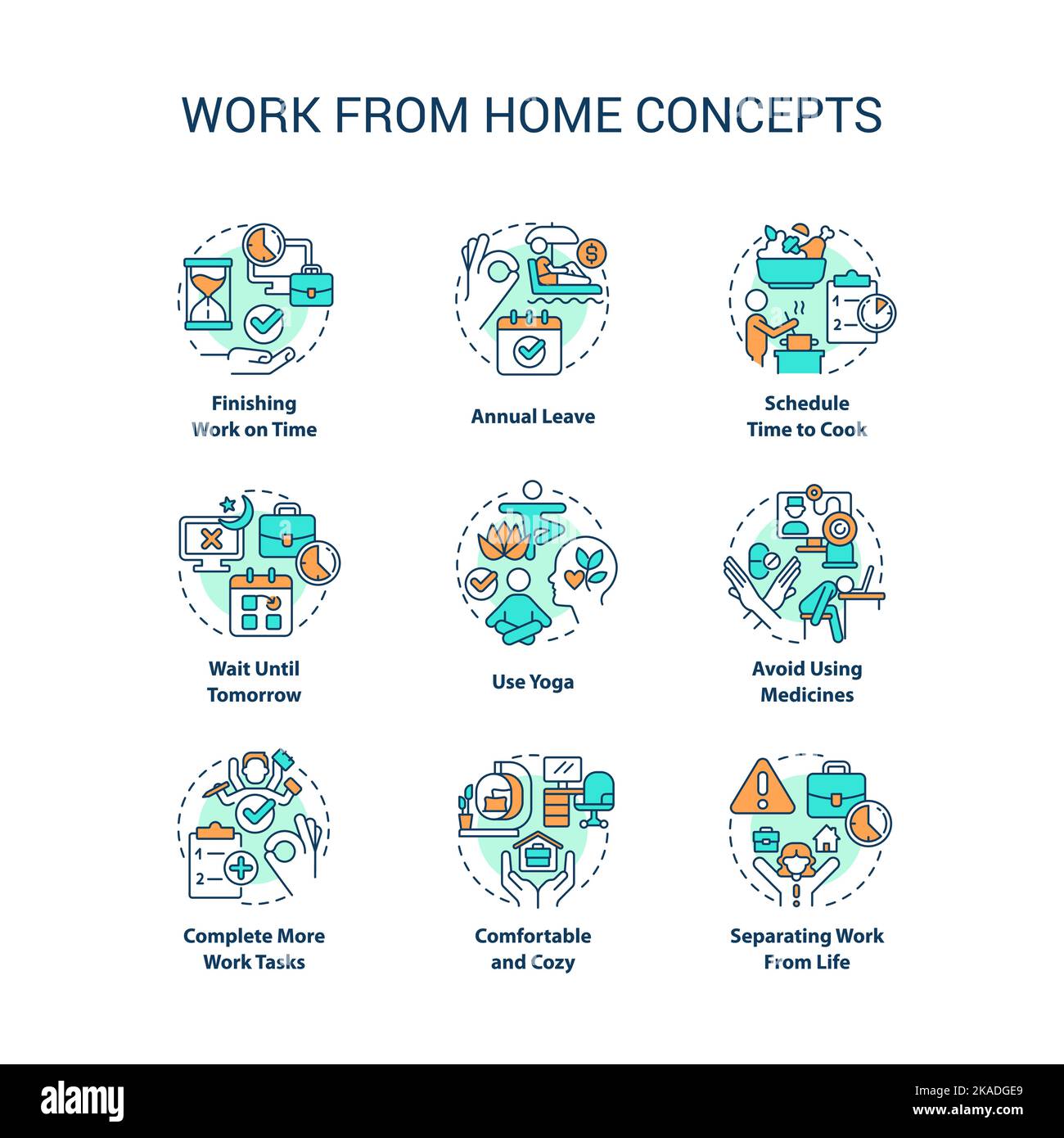 Work from home tips concept icons set Stock Vector