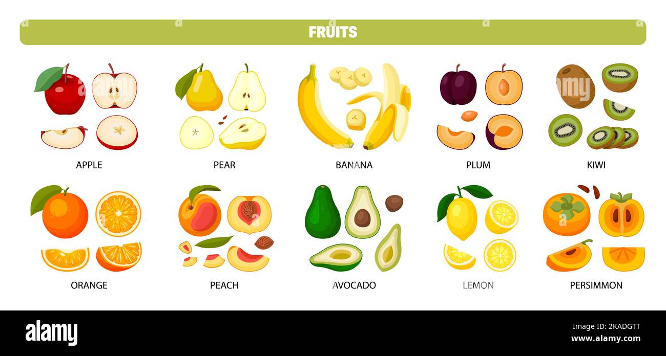 Whole and sliced fresh ripe fruits flat set with text captions isolated ...