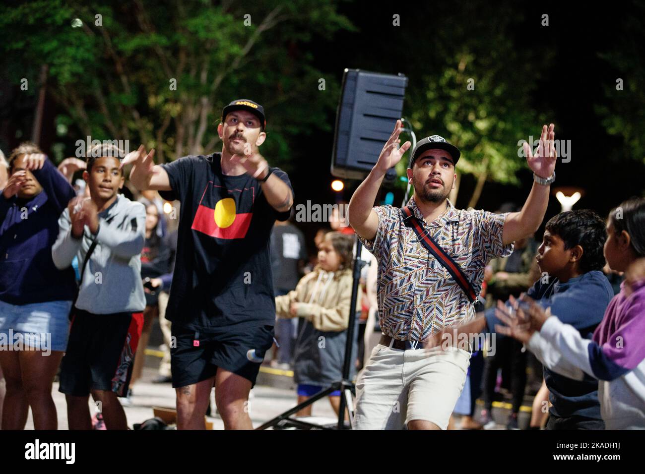 Protesters take part in traditional Aboriginal dance during a