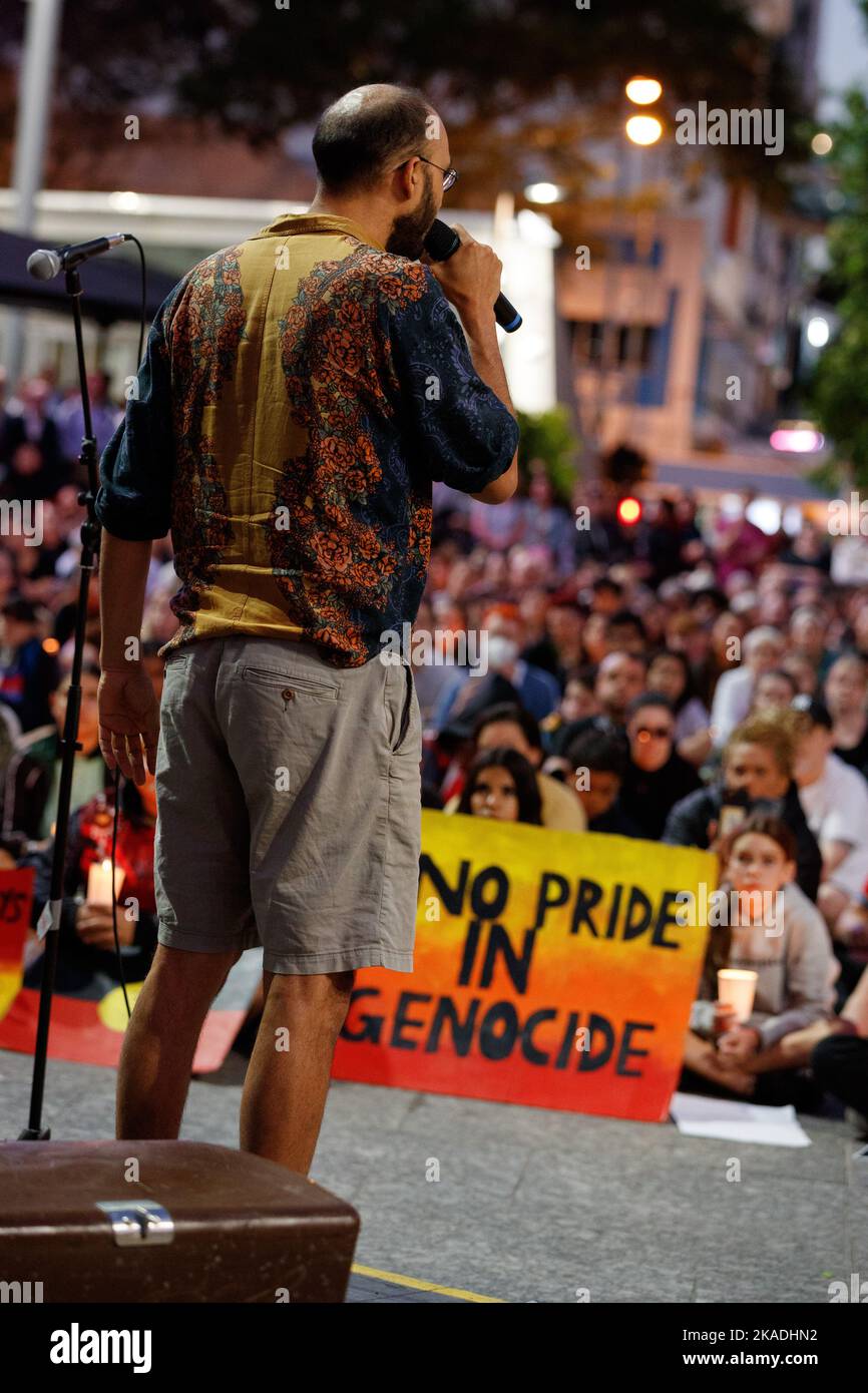 Greens Councillor Jonathan Sriranganathan speaks with the crowd during ...