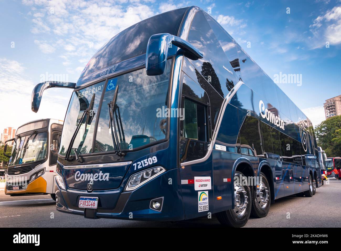Vehicle Busscar Vissta Buss DD Scania  on display at Bus Brasil Fest (BBF 2021), held in the city of São Paulo. Stock Photo