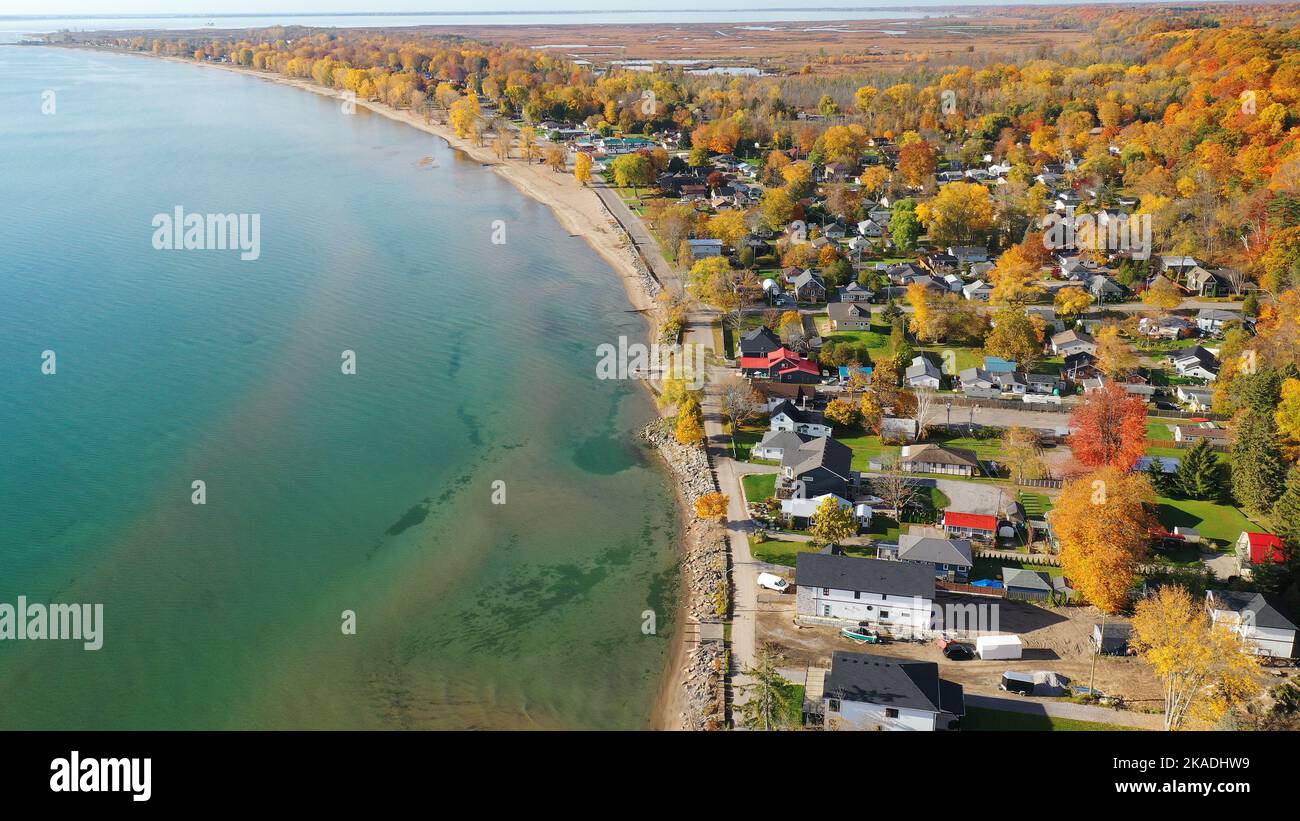 An aerial scene of Turkey Point, Ontario, Canada in fall Stock Photo