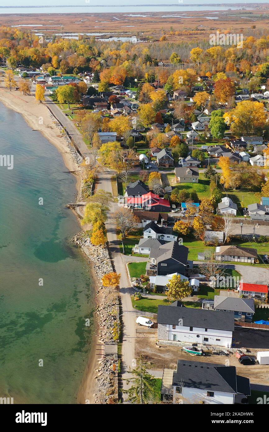 An aerial vertical of Turkey Point, Ontario, Canada in fall Stock Photo