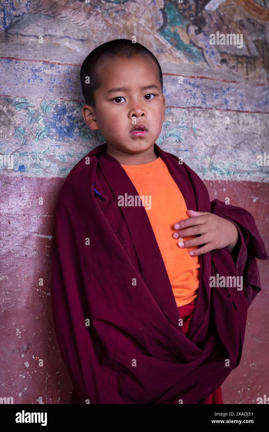 A young monk at Thiksey Monastery, Ladakh, India Stock Photo