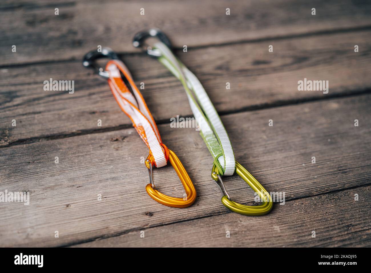 Close up detail photo of carabiners and slings. Climbing gear or