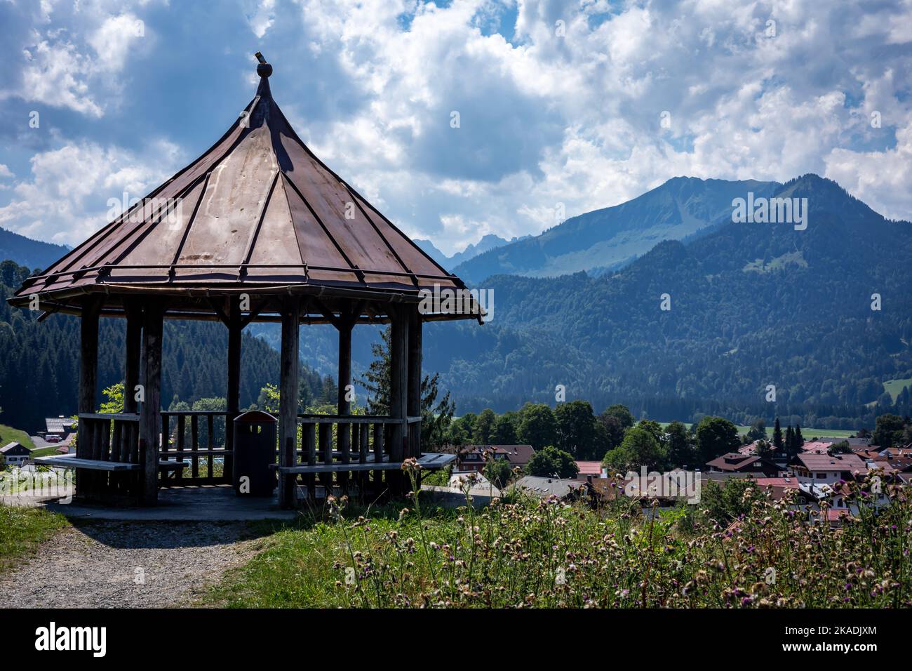 Aussichtspunkt Katharinenruhe Oberstdorf, Germany - August 12, 2022: A wooden touristic pavillon with a view to Obersdorf town, Bavarian Alpes. Stock Photo