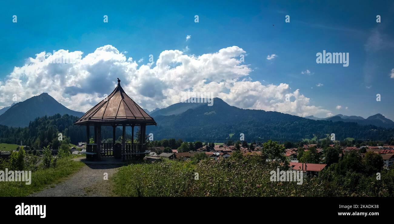 Aussichtspunkt Katharinenruhe Oberstdorf, Germany - August 12, 2022: A wooden touristic pavillon with a view to Obersdorf town, Bavarian Alpes. Stock Photo