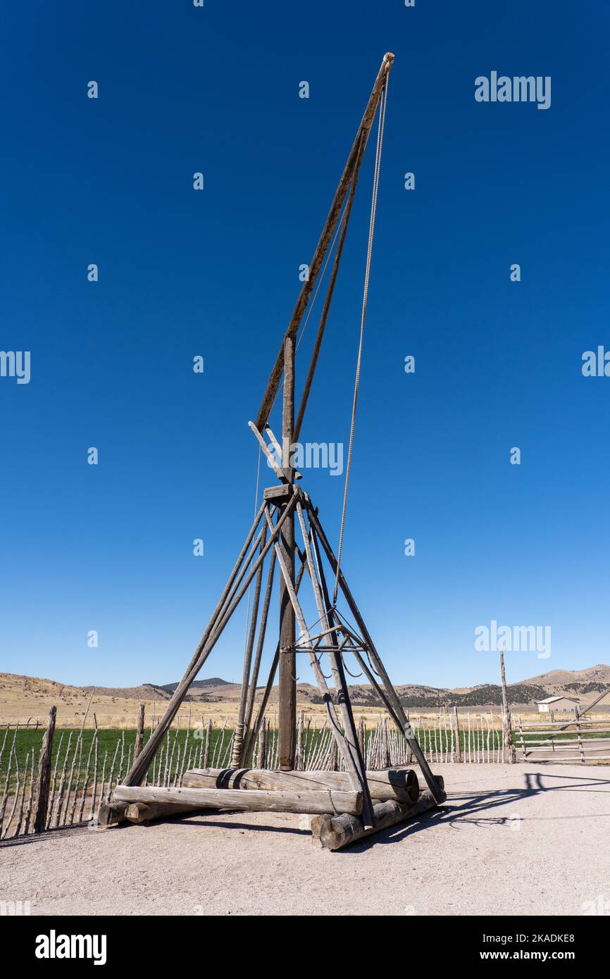 A hay derrick or hay boom for making haystacks at the pioneer Cove Creek Ranch Fort, built in 1867, Cove Fort, Utah. Stock Photo