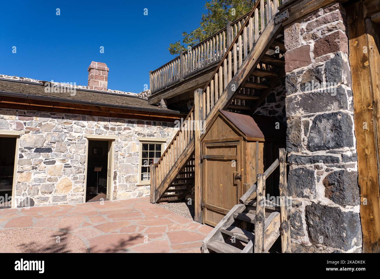 Wooden stairs up to the defensive ramparts of the Cove Creek Ranch Fort ...