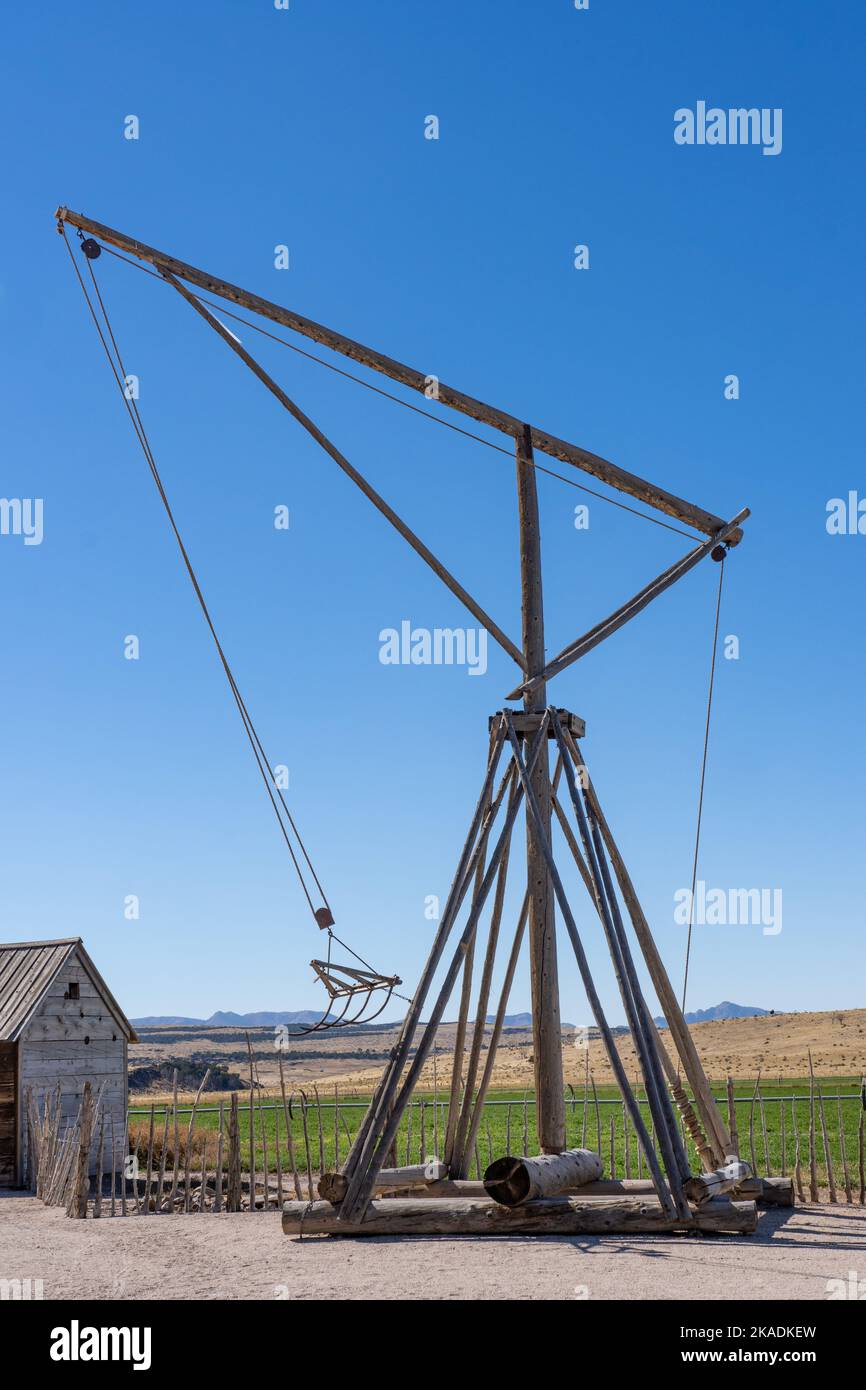 A hay derrick or hay boom for making haystacks at the pioneer Cove