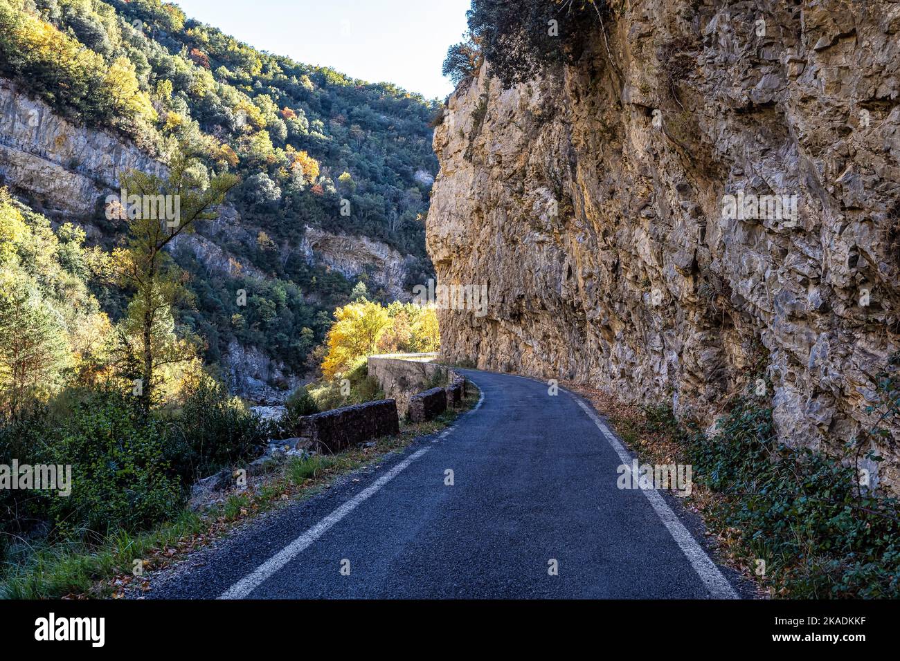 Driving through Foz de Arbayun canyon of Salazar River in the Pyrenees in Navarre Autonomous Community of Spain, Europe Stock Photo