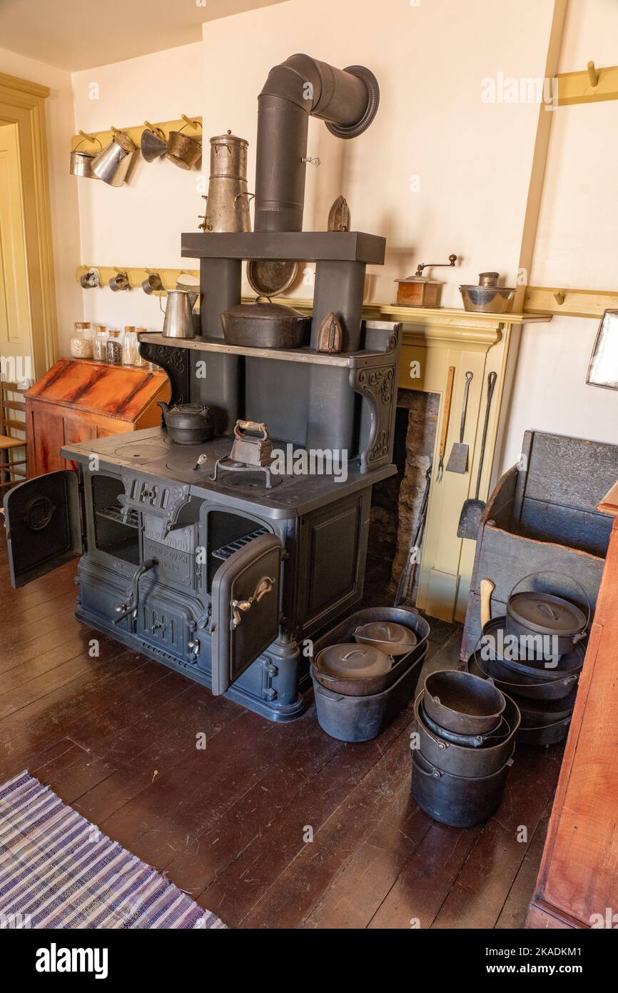 An antique cast iron stove in the kitchen of the Cove Creek Ranch Fort, built in 1867, Cove Fort