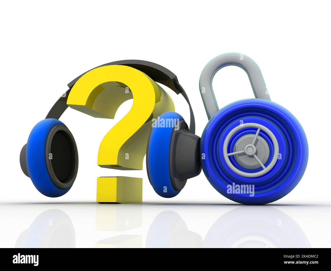 3d rendering question mark connected headphone near lock Stock Photo