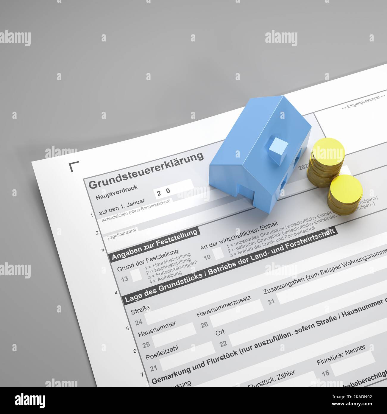 German property tax ("Grundsteuer") concept. A house and a stack of