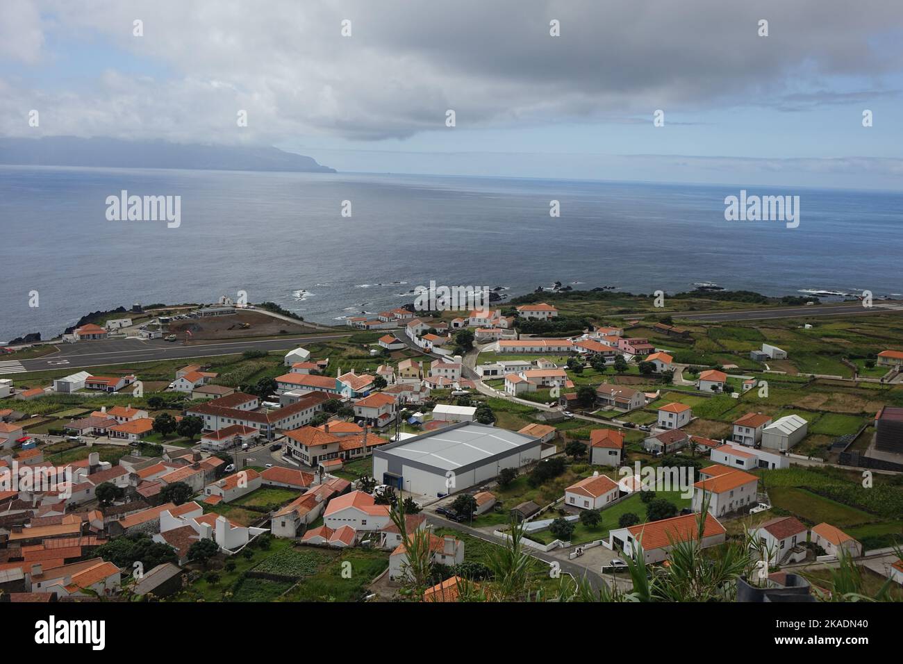 An aerial shot of the traditional houses of Corvo island with a
