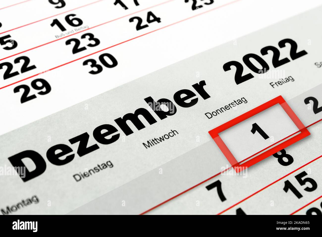 Deutscher Kalender 1. Dezember 2022 Donnerstag Nahaufnahme Stock Photo