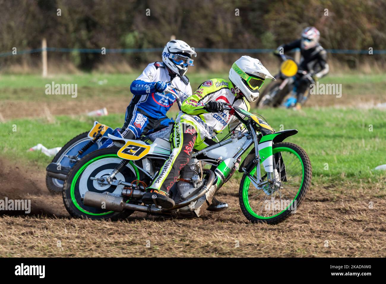 Scott Ryan racing in grasstrack motorcycle race. Donut Meeting event organised by Southend & District Motorcycle Club, UK. Upright solo class. Jawa Stock Photo