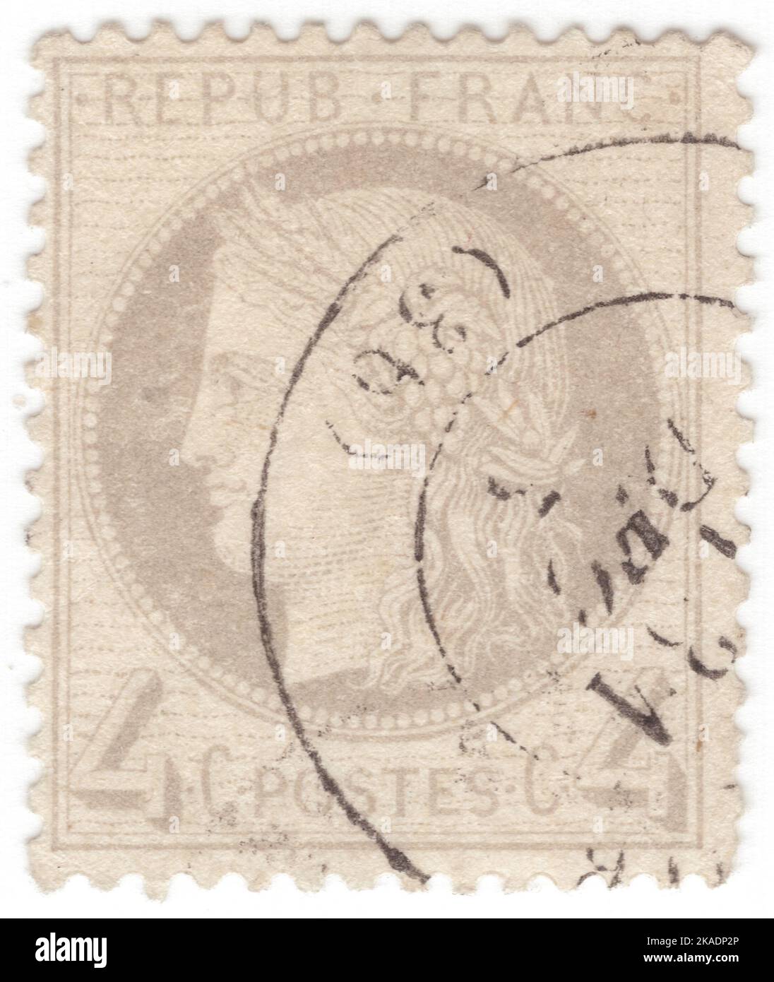 FRANCE - 1870: An 4 centimes grey postage stamp depicting Ceres — Goddess of agriculture, fertility, grains, the harvest, motherhood, the earth, and cultivated crops Stock Photo