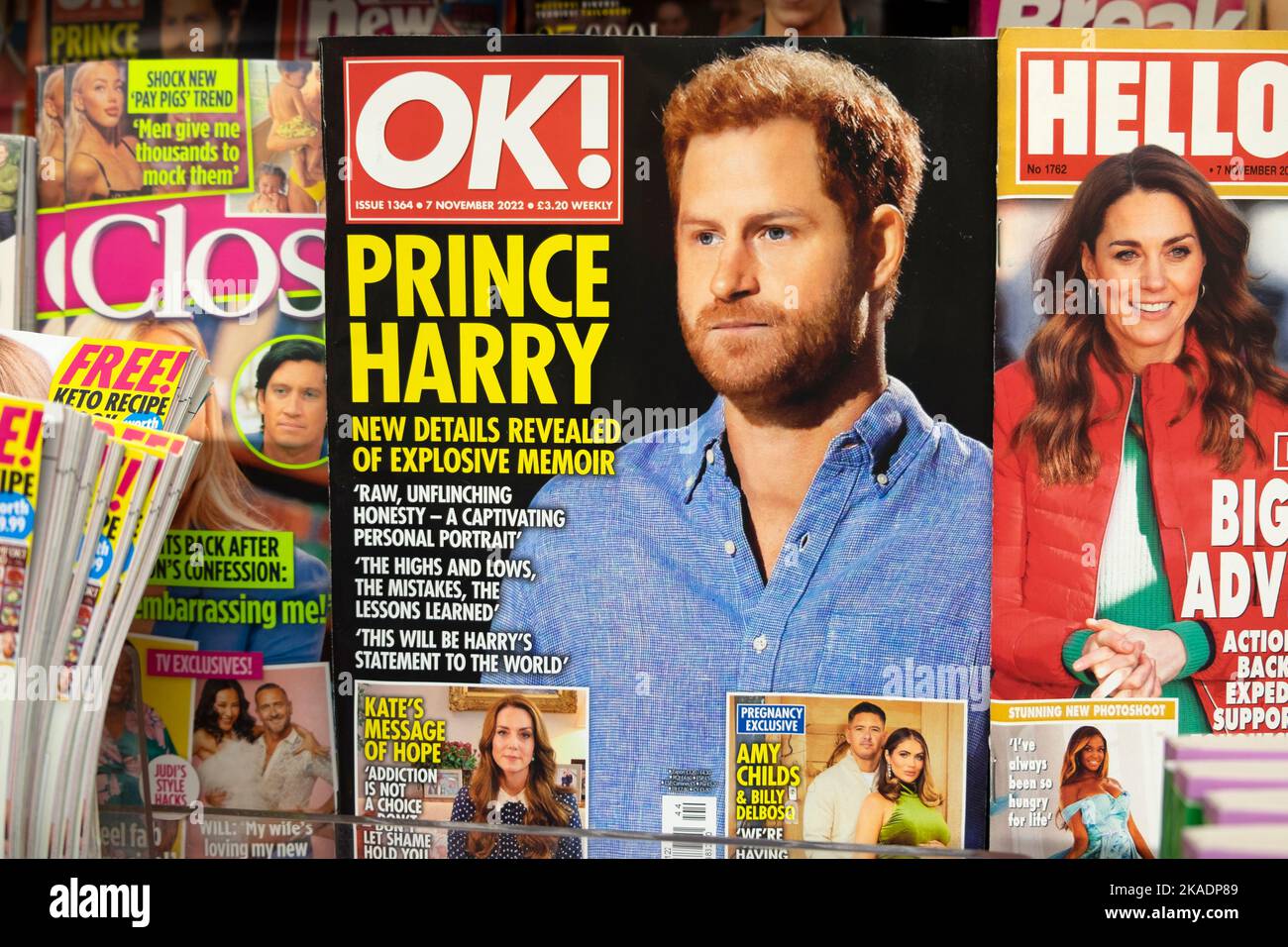 OK magazine front cover 'Prince Harry New Details Revealed of Explosive Memoir' upcoming book on magazine shelf in Great Britain UK 2 November 2022 Stock Photo