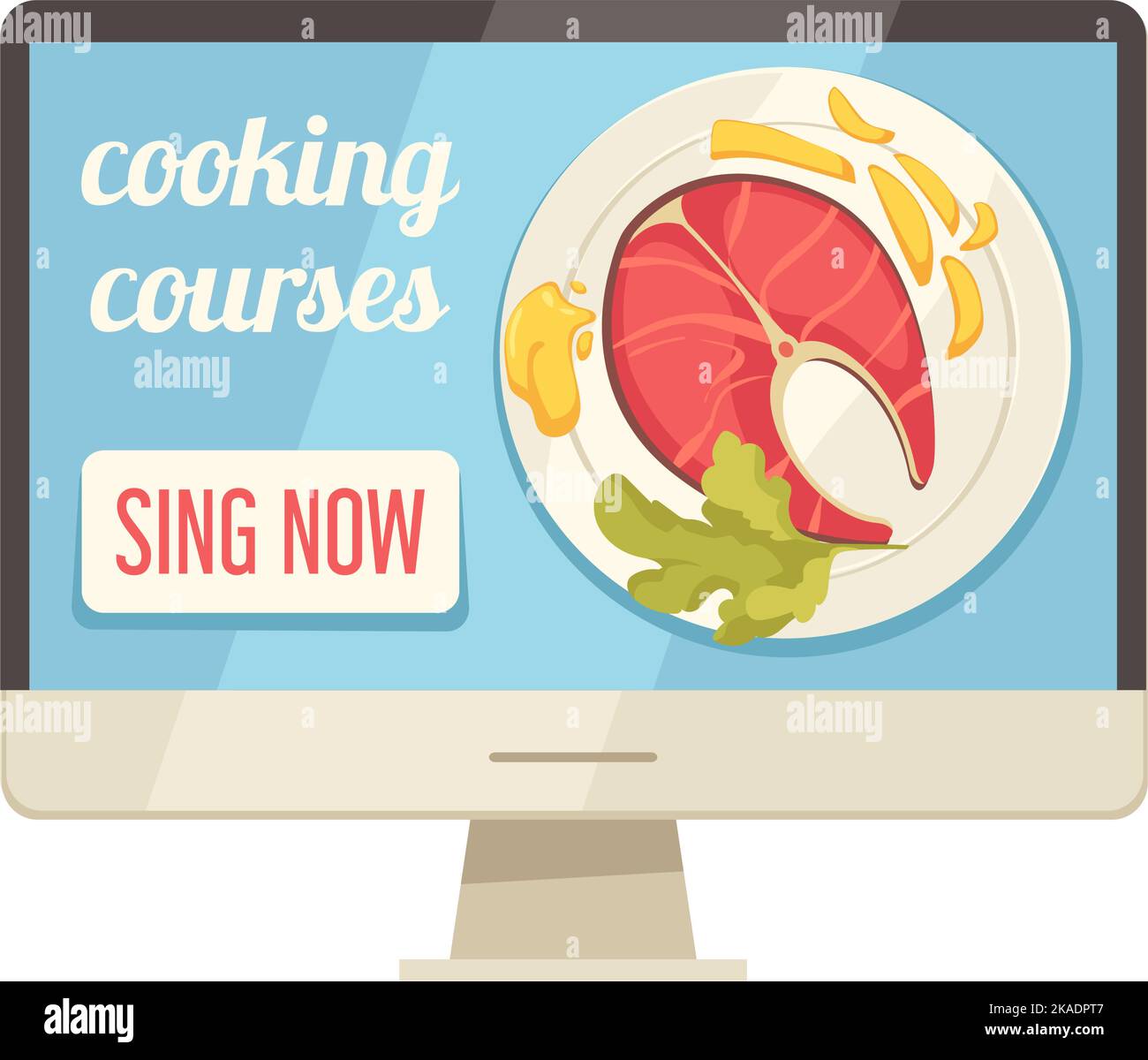 Cooking school courses composition with image of desktop computer with online service sign button vector illustration Stock Vector