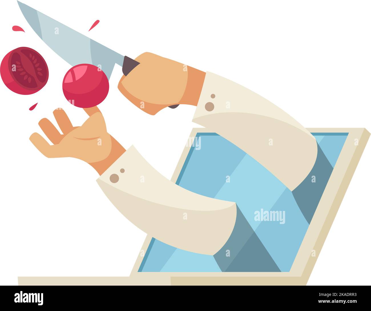 Cooking school courses composition with image of laptop computer with cooks hands cutting tomato vector illustration Stock Vector