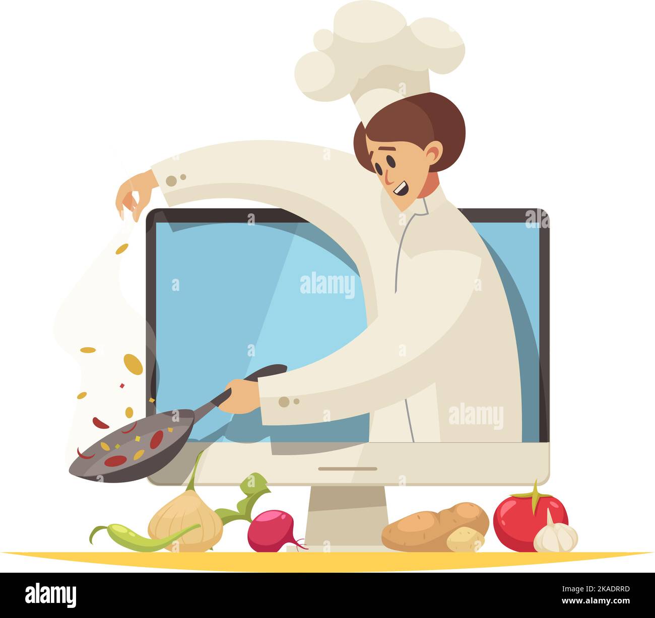 Cooking school flat composition with chef preparing food on computer monitor vector illustration Stock Vector