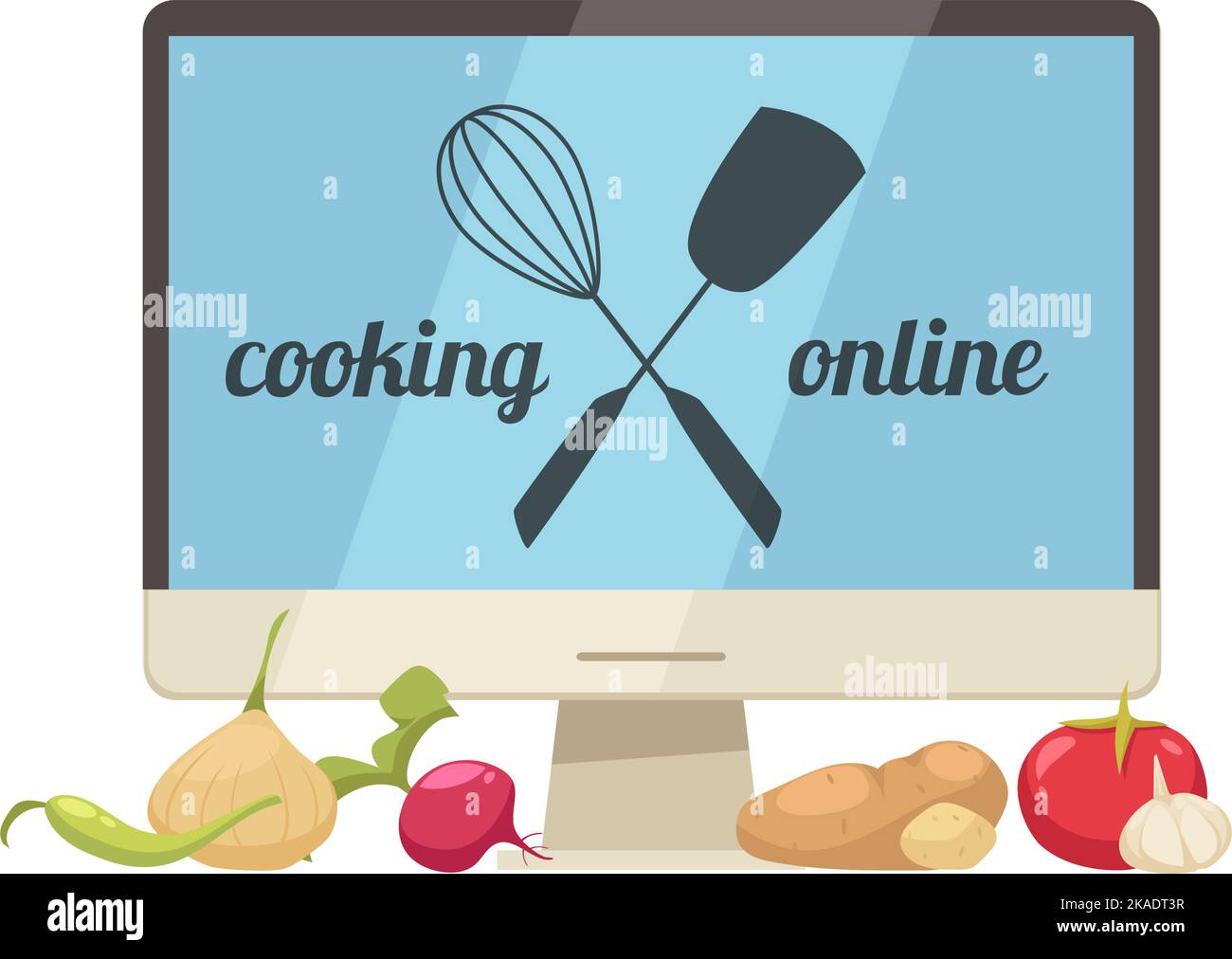Cooking school courses composition with image of desktop computer with vegetables vector illustration Stock Vector