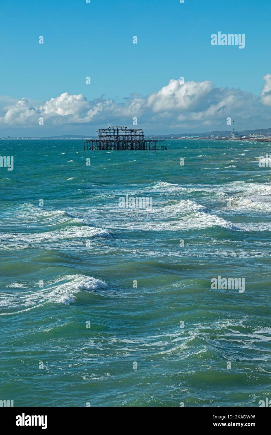 Ruins of West Pier, destroyed by fire in 2003, Brigthon, England, Great Britain Stock Photo