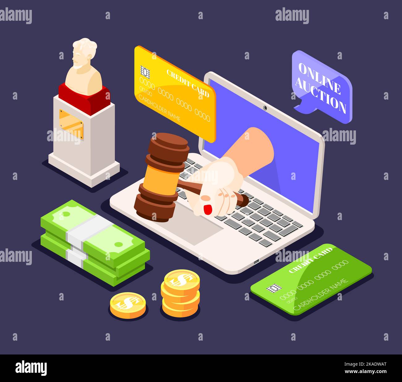 Auction isometric background composition with laptop and human hand holding gavel with cash and credit card vector illustration Stock Vector