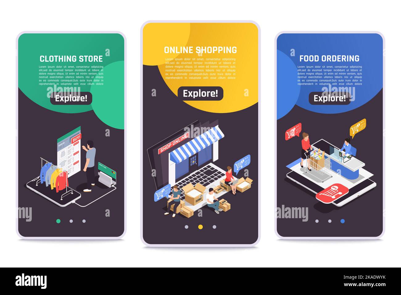 Online shopping with tablet 24h convenient safe ordering food choosing clothing 3 isometric smartphone screens vector illustration Stock Vector