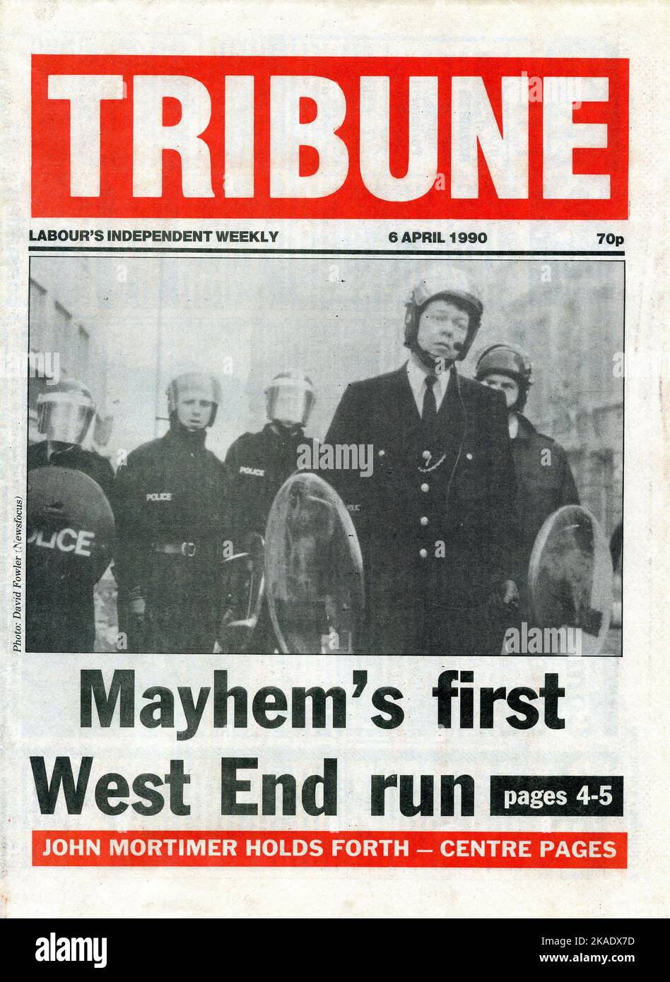 Front cover of Labour supporting political newspaper Tribune reporting on the Poll Tax Riots in London and published on April 6, 1990. Founded in 1937, the newspaper converted to magazine format in 2001. Stock Photo